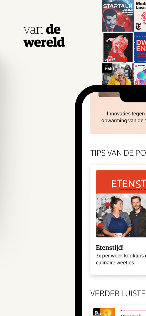 Interfaz de la aplicación NRC Audio mostrando recomendaciones de podcasts curados y pantalla de Descubrimiento