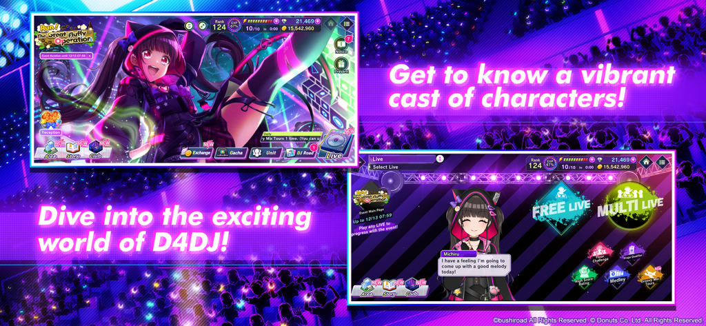 Capturas de pantalla del juego D4DJ Groovy Mix con vibrantes personajes de anime y opciones de menú