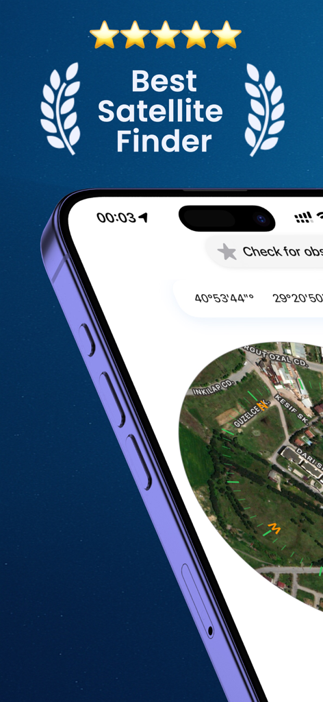 Satellite Finder Astra, Plato - 위성 찾기 앱 인터페이스, 지리적 좌표 및 장애물 확인 기능이 포함된 접시 정렬용 지도 표시