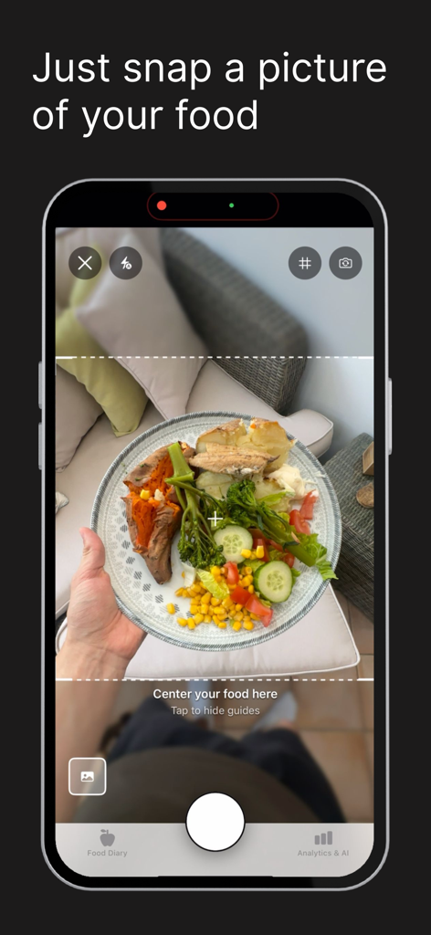 30 PLANTS: Eat Better - A mobile app camera interface snapping a photo of a diverse plant based meal for gut health tracking