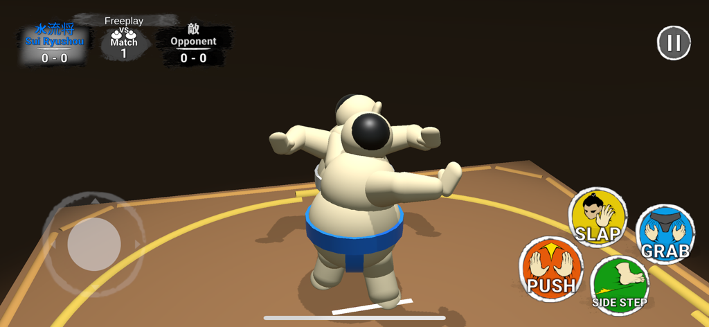 Sumo Wrestling Challenge - Gameplay of a sumo match with touch controls for slap push and grab.