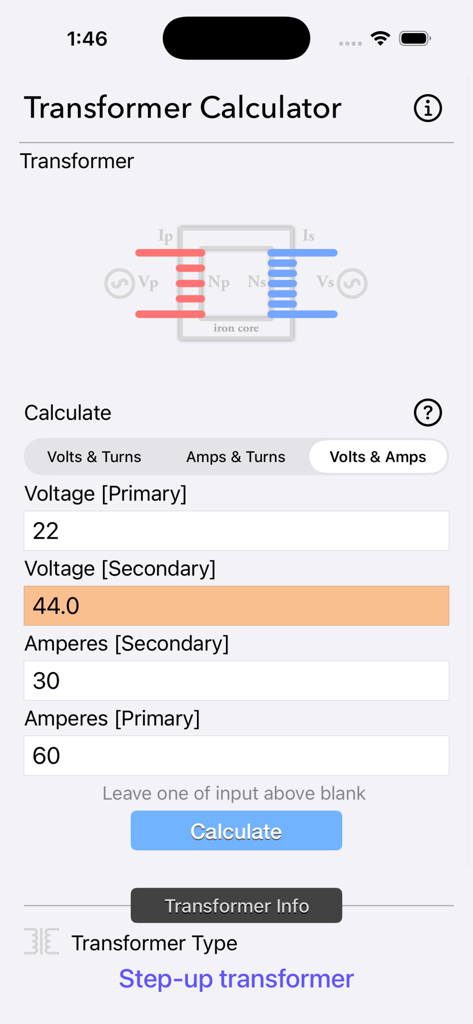 Transformer Calculator Plus app interface showing primary and secondary voltage and current inputs for a step-up transformer calculation