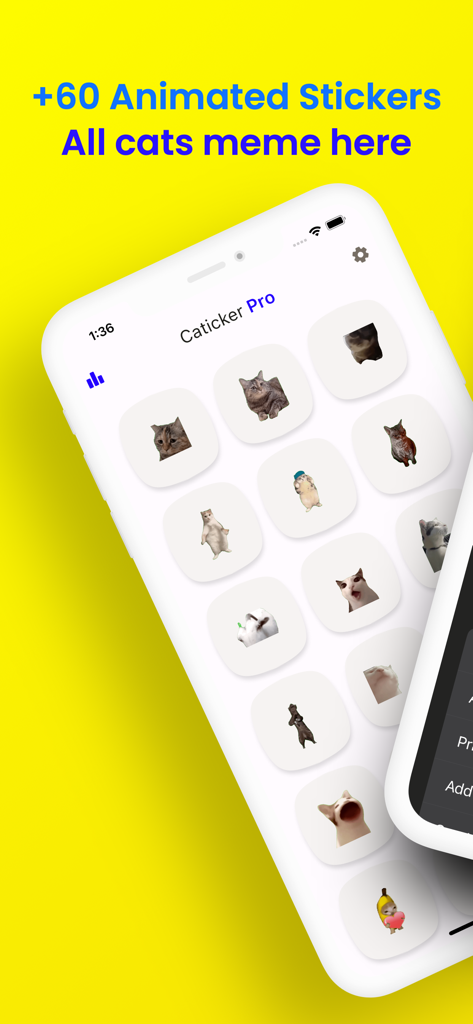 Cat Meme Stickers: Caticker - Screenshot of Caticker Pro app interface displaying a collection of viral animated cat meme stickers on a bright yellow background.