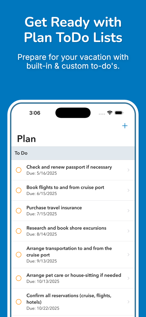 CruiseTick Cruise Countdown - Captura de pantalla de la aplicación CruiseTick que muestra una lista de tareas para vacaciones de crucero con tareas de planificación y fechas límite