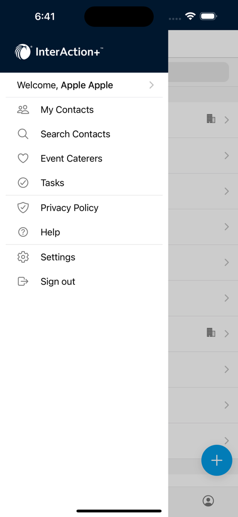 Navigation menu of the InterAction plus app showing contact search and task management options