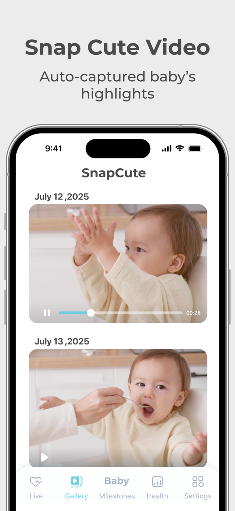 Lollipop - Smart baby monitor - Pantalla del smartphone mostrando momentos destacados de video del bebé capturados automáticamente en la aplicación Lollipop