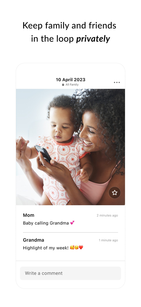 A screenshot of the FamilyAlbum app interface showing a mother and child with private comments from family members