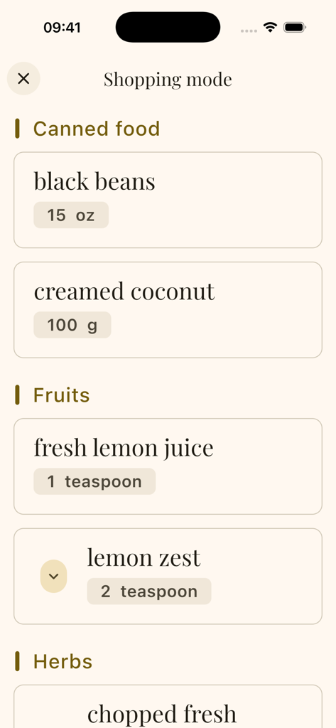 kitshn (for Tandoor) - Shopping mode interface in kitshn for Tandoor app showing categorized ingredients like black beans and lemon juice with specific measurements