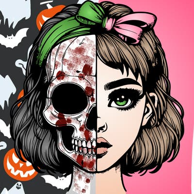 realistic girl with half skull mask