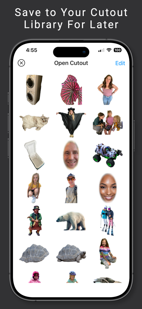 Facecopy: Face Swap Pic Editor - A library of saved photo cutouts in the Facecopy app including people faces and animals