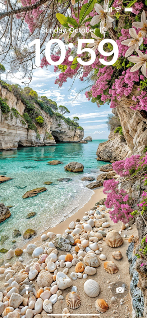 Aesthetic Wallpaper: MoodyWall - Vista previa de la pantalla de bloqueo de iPhone con un fondo de pantalla escénico de playa costera con flores rosas y agua turquesa