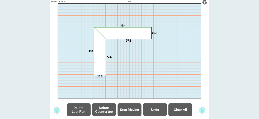 A digital L-shaped countertop layout with precise dimensions on a grid background.