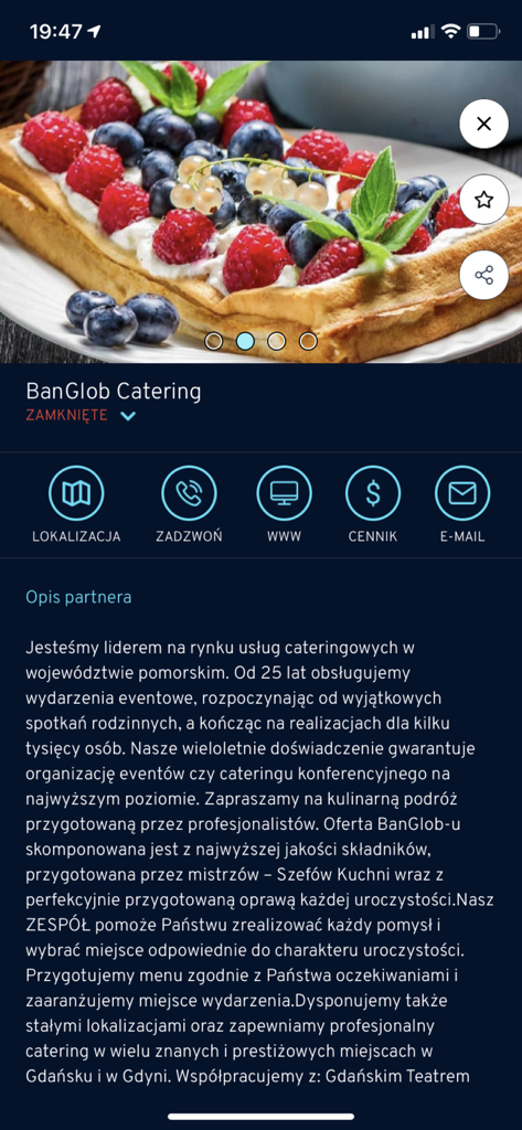 Gdynia.pl - BanGlob Catering partner page in the Gdynia app featuring a dessert photo and contact options