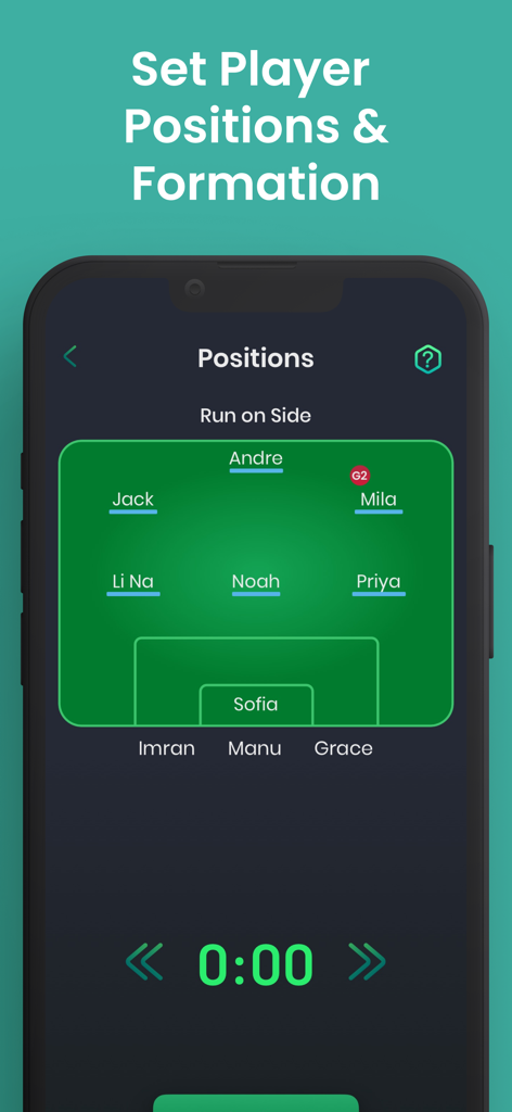 SubNow: Player Rotation Timer - SubNow app screen for setting player positions and team formation on a digital field