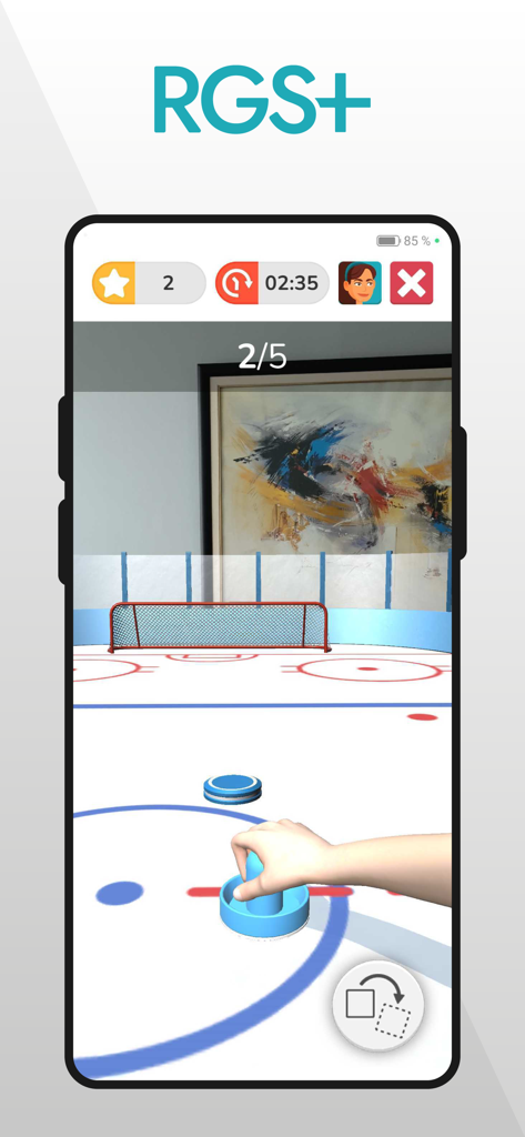 Interfaz de la aplicación RGS plus que muestra un juego virtual de air hockey utilizado para ejercicios de rehabilitación neurológica y recuperación del ictus