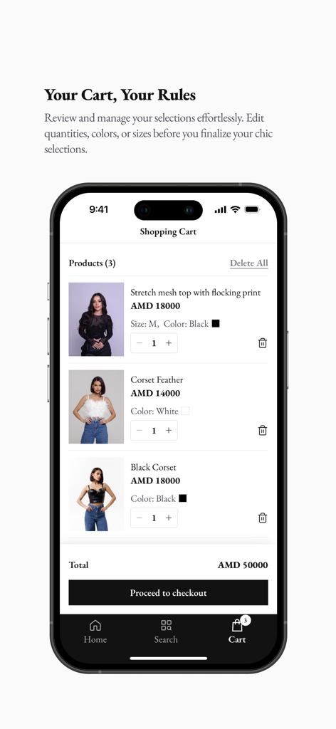Sir Qochar - Mobile app screen showing the shopping cart of Sir Qochar with Armenian heritage fashion items and a proceed to checkout button