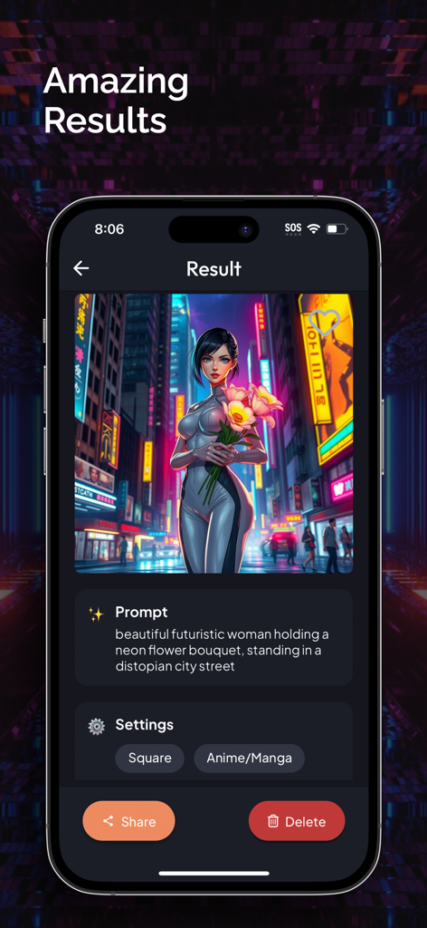 AI Art Generator: Photo, Image - Arte de estilo anime generado por IA de una mujer futurista en una ciudad ciberpunk.