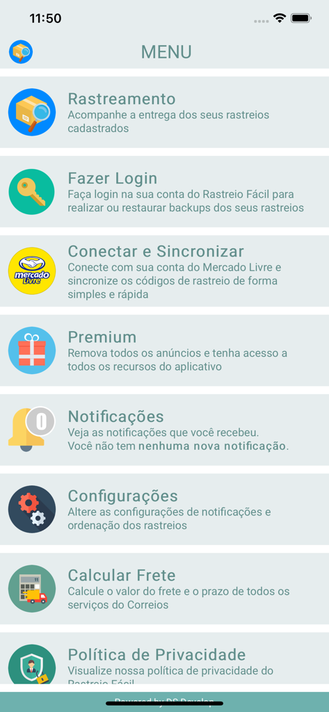 Interface du menu principal de l'application Rastreio Facil montrant les paramètres de suivi et de compte