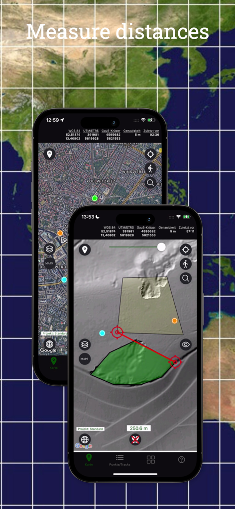 TopoRec - Map Viewer - Interface do aplicativo móvel TopoRec mostrando medição de distância e marcação de área em um mapa de terreno topográfico
