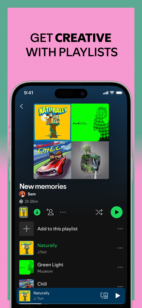 Spotify mobile app interface for creating and managing custom music playlists