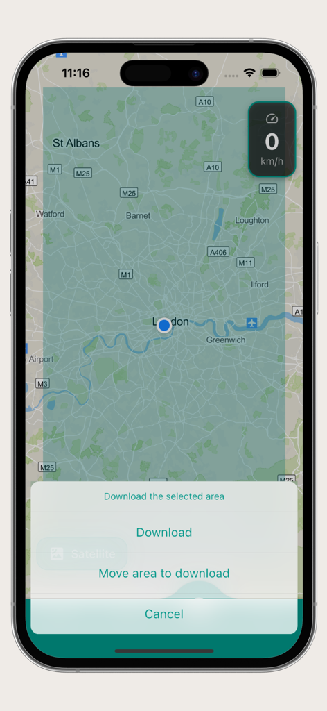 World map offline - Interface of the World map offline app showing a map of London with a highlighted area selected for download.