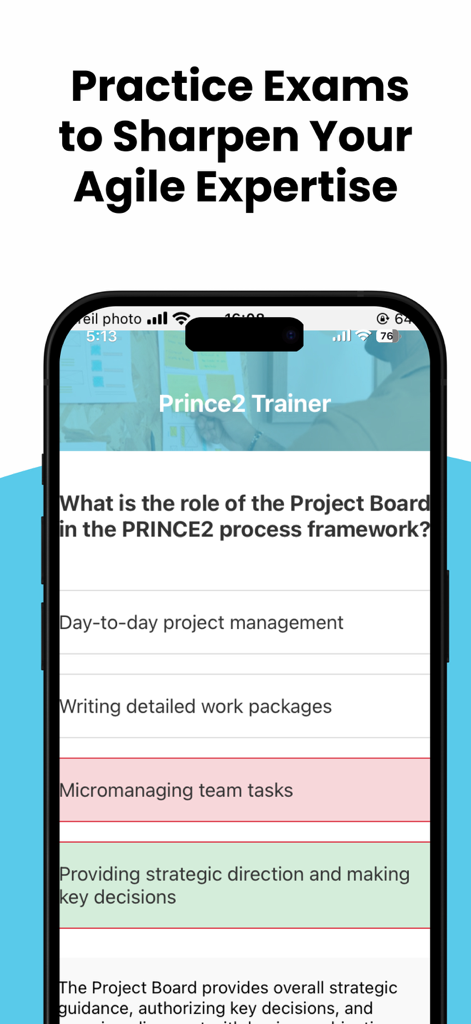 Prince2 Trainer Pro app interface showing a multiple choice practice exam question about the project board role