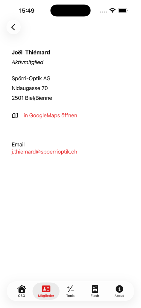 iOSO Optometry Switzerland - Member profile page in the iOSO Optometry Switzerland app showing contact information and location for an optometrist