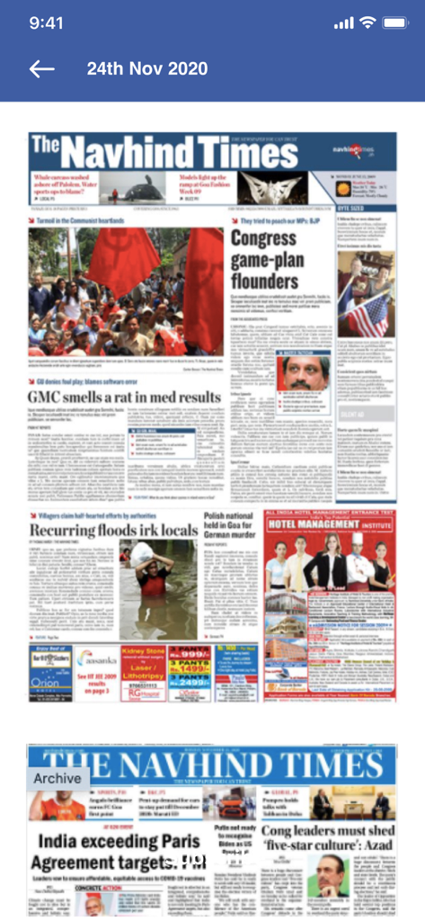 Interface of the Navhind Times ePaper app showing digital newspaper archives and daily front pages.