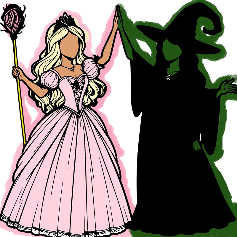 detailed realistic split of a princess and a witch