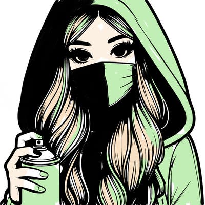 girl wearing a mask with long hair with her hood up spray-painting realistic