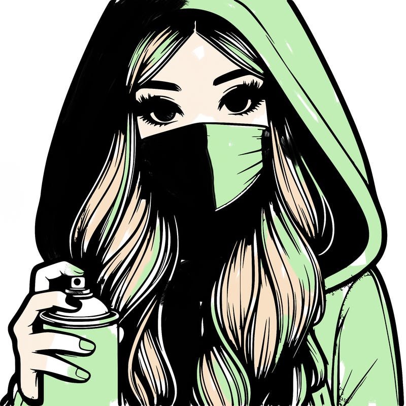 girl wearing a mask with long hair with her hood up spray-painting realistic