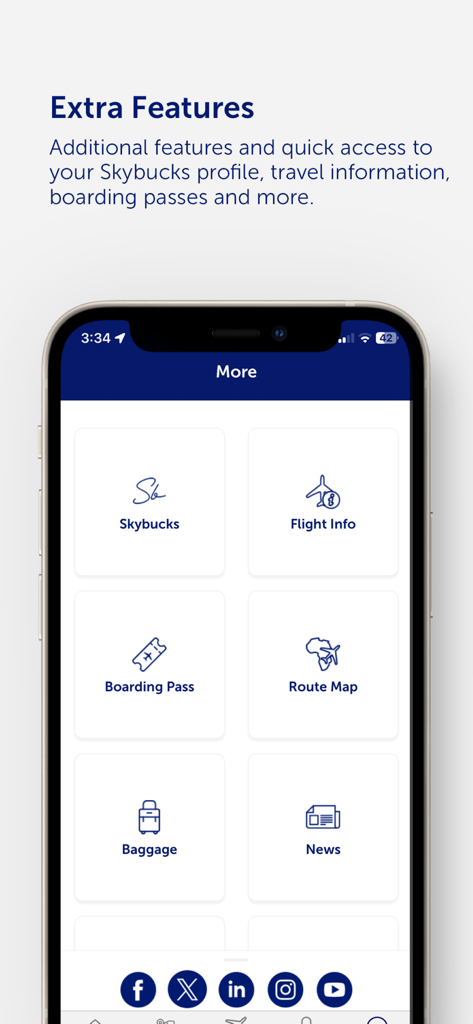 Fly Airlink - Fly Airlink app menu showing options for Skybucks flight info boarding passes and route maps