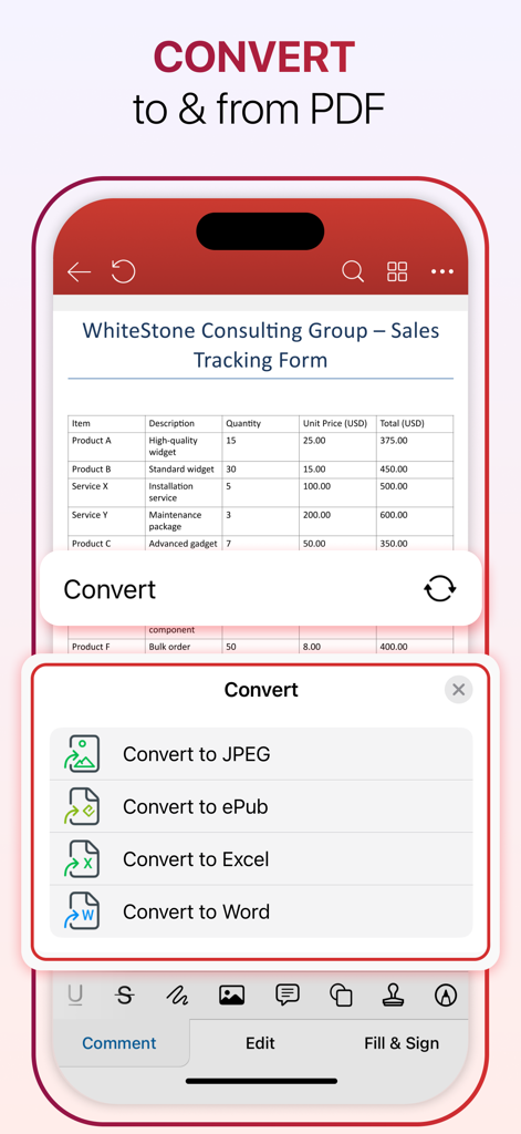 Interface do aplicativo MobiPDF mostrando opções para converter documentos PDF para formatos Word, Excel, JPEG e ePub.