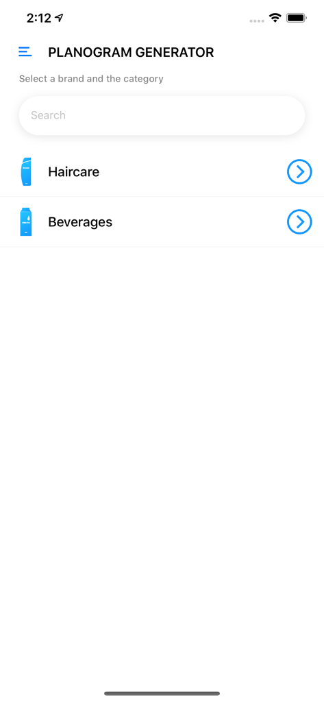 Shelfr - Planogram generator category selection screen in the Shelfr app showing haircare and beverages categories.