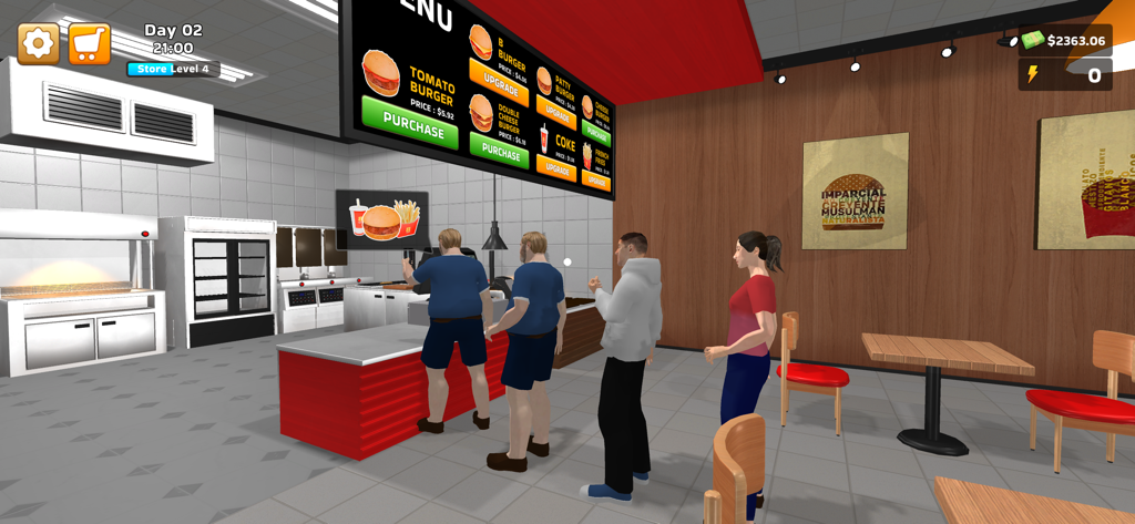 First person view of customers waiting at the counter in a 3D burger shop