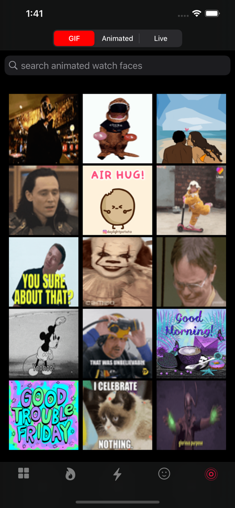 Watch Faces ®™ - Una griglia di quadranti animati e GIF, inclusi meme e illustrazioni nell'interfaccia dell'app Watch Faces