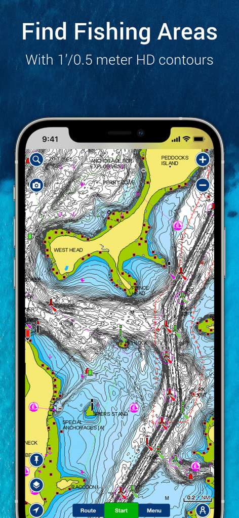 Navionics® Boating - Pantalla de smartphone mostrando la app Navionics Boating con contornos de batimetría HD detallados para encontrar áreas de pesca.