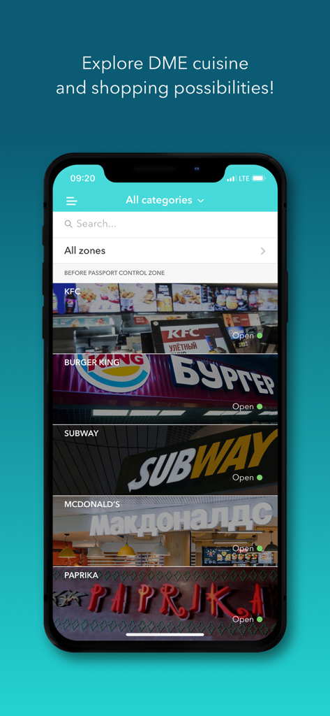 Schermata dell'app dell'Aeroporto di Mosca Domodedovo con opzioni di ristorazione come KFC e Subway