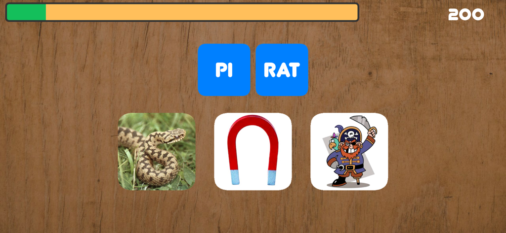 Silben lesen lernen - Bildschirm eines Lernspiels zum Erlernen deutscher Silben mit einer Piraten-Illustration und den Silben PI und RAT