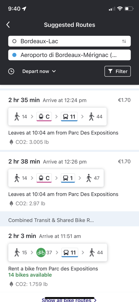 Modalis - Modalis app suggested routes screen showing public transit and bike sharing options in Bordeaux