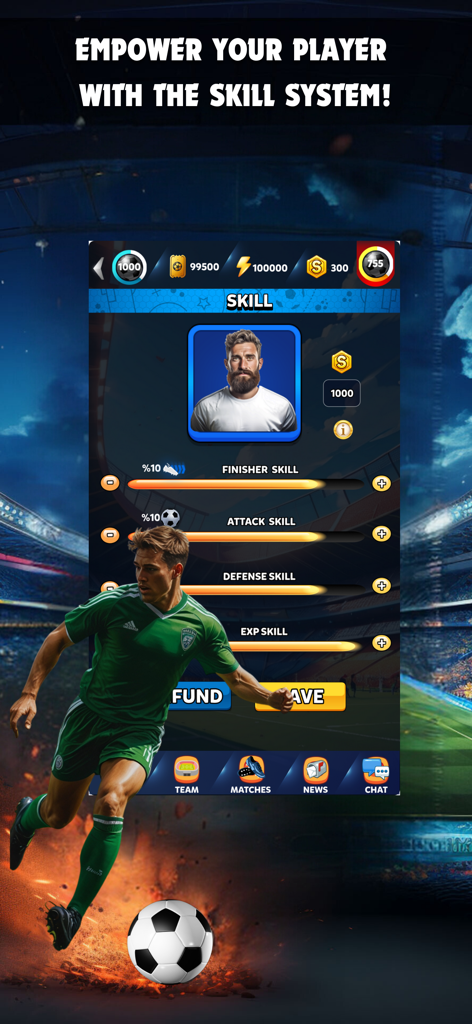 Football Mates: Soccer Game - Football Mates game screen showing player skill management with upgrade bars for finisher attack and defense skills