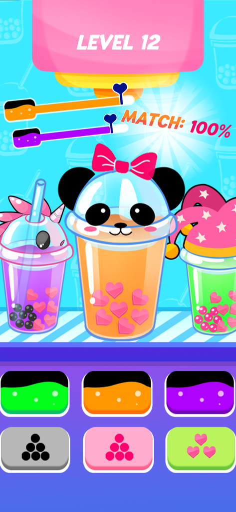 Bubble Tea Simulator - Gameplay screen of Bubble Tea Simulator showing cute customized boba cups and a 100 percent match score.
