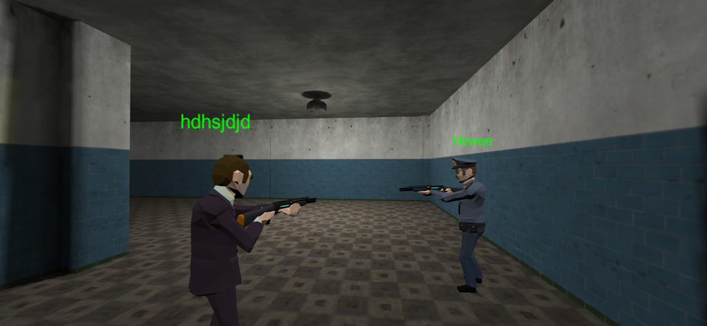 Two characters holding weapons in a low-poly asylum hallway in Asylum 77.