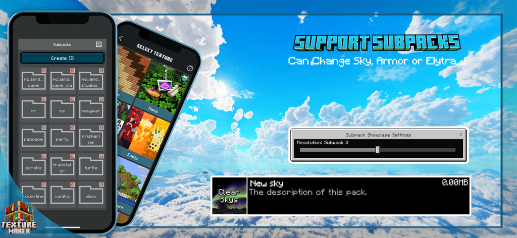 Texture maker for Minecraft PE - Texture maker for Minecraft PE app interface showing subpack customization for sky and armor.