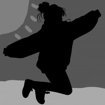 realistic girl jumping with a bun and oversized sweatshirt