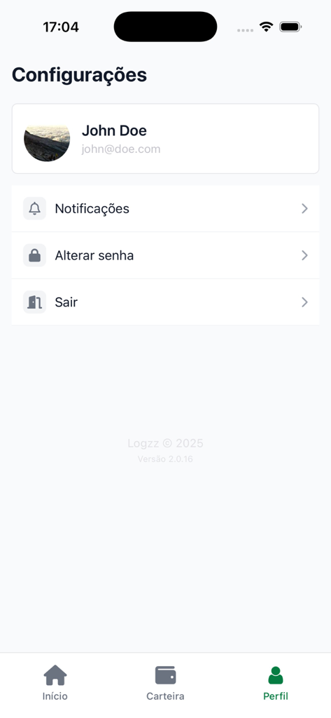 Logzz app profile and settings screen showing account information and menu options