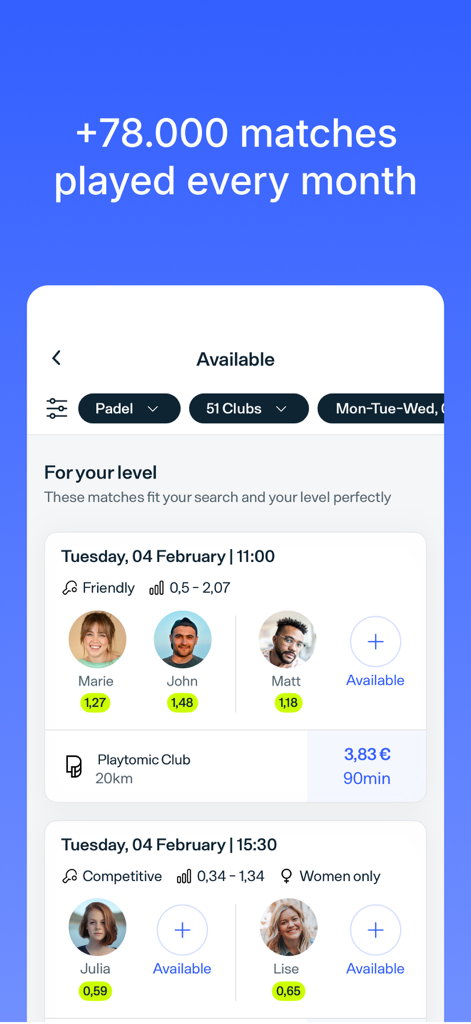 Playtomic - Padel & pickleball - App mobile Playtomic che mostra partite di padel disponibili con livelli dei giocatori e informazioni sul club