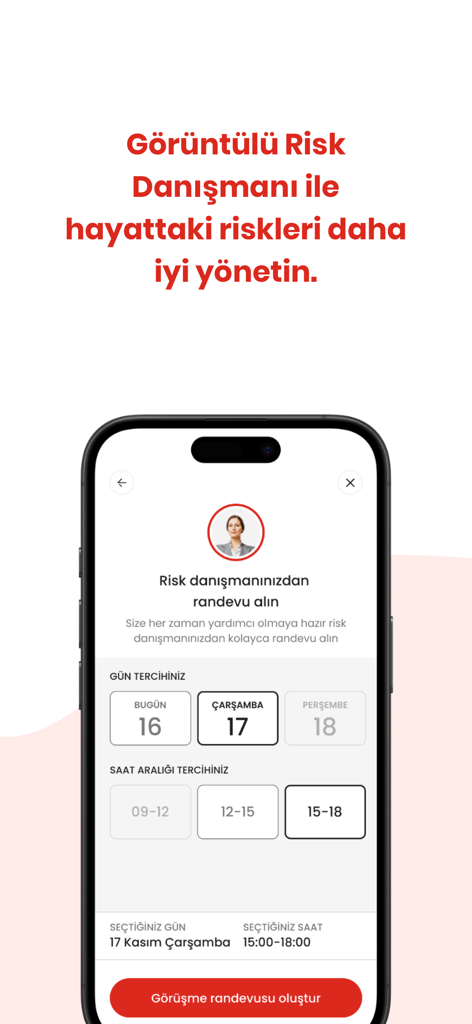 Aksigorta app interface for scheduling a video consultation with a risk advisor