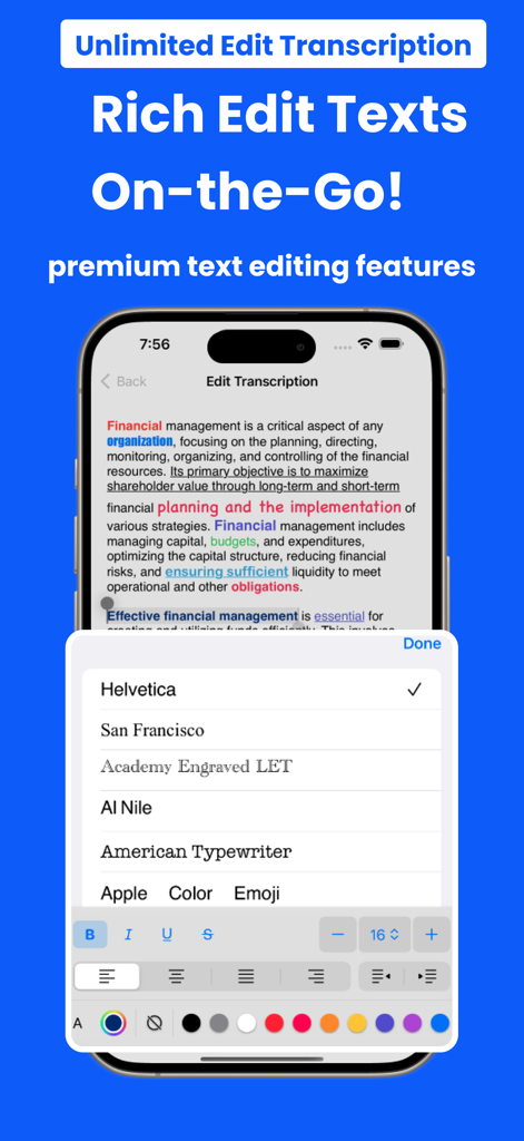 Interface of the Voice To Text Transcribe Pro app showing advanced text editing features like font selection and color formatting on an iPhone