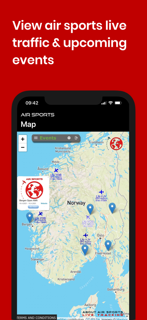 Air Sports Live Tracking - Interfaz de la aplicación Air Sports Live Tracking que muestra un mapa de Noruega con iconos de aeronaves y ubicaciones de eventos.